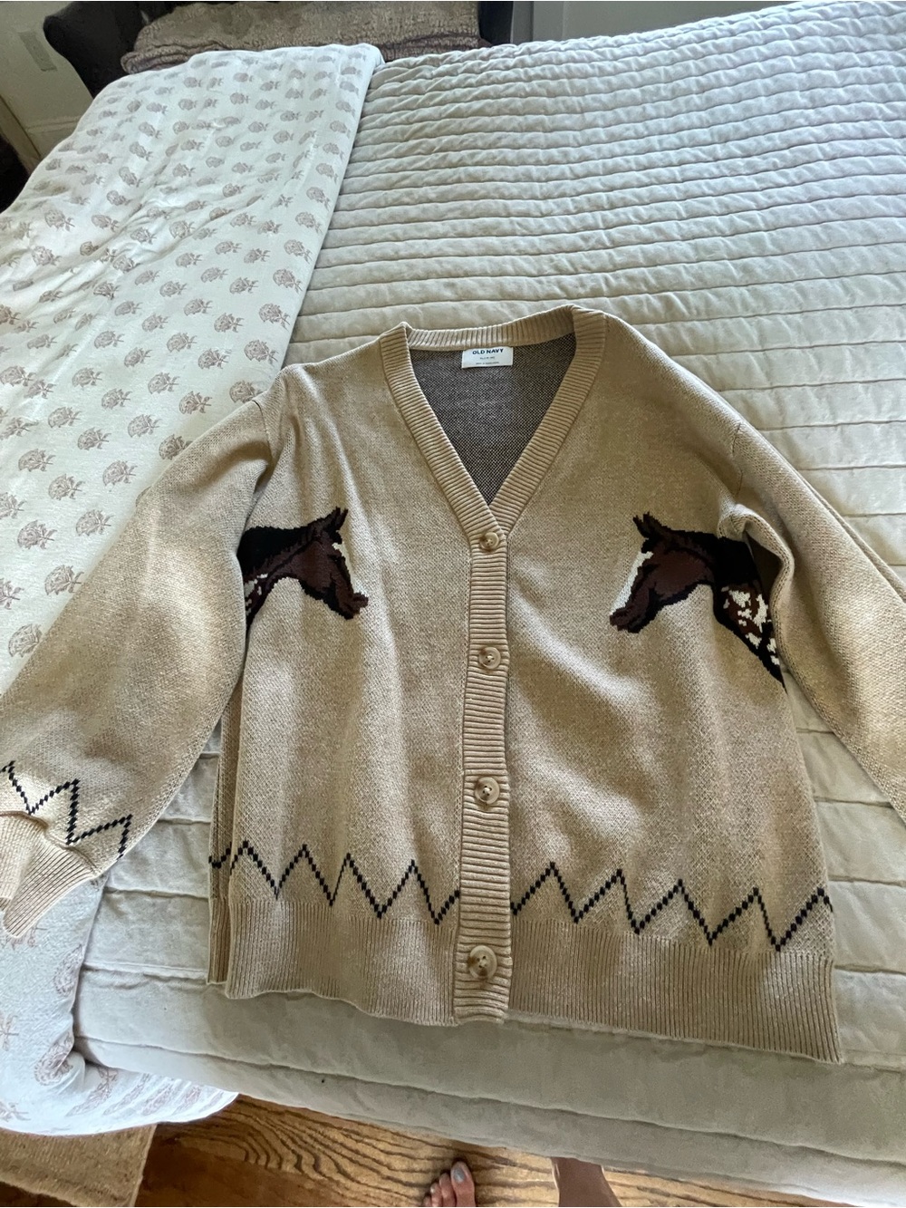 Old Navy Beige Horse Intarsia Cardigan Sweater